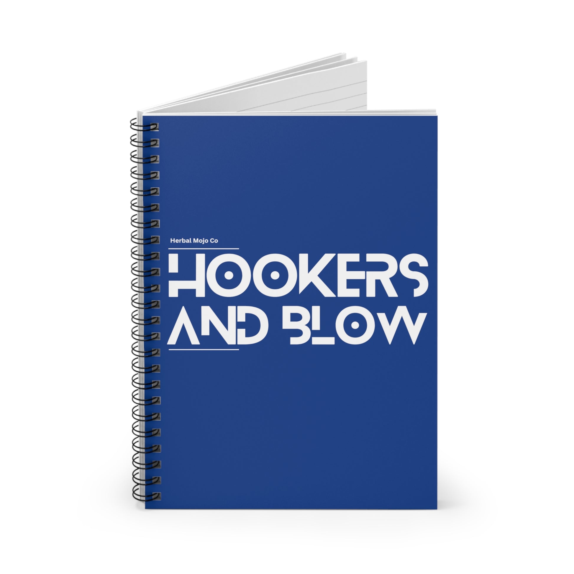 Stamina for Men Hookers & Blow notebook product shot open and standing on end with white background