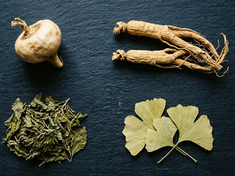Maca root, Panax ginseng root, dried damiana leaves, and ginkgo biloba leaves arranged on a dark slate surface