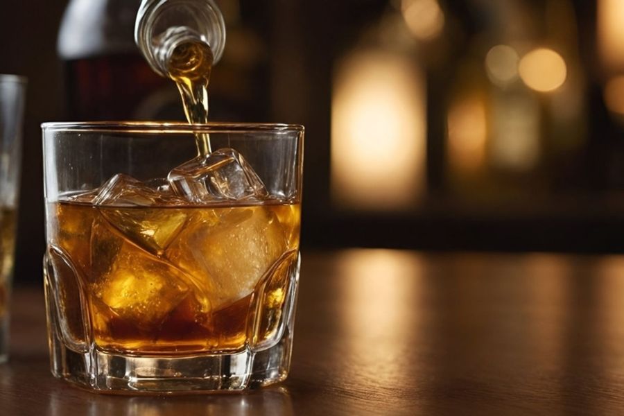 Whiskey being poured over ice at a dark bar, illustrating alcohol and erectile difficulty