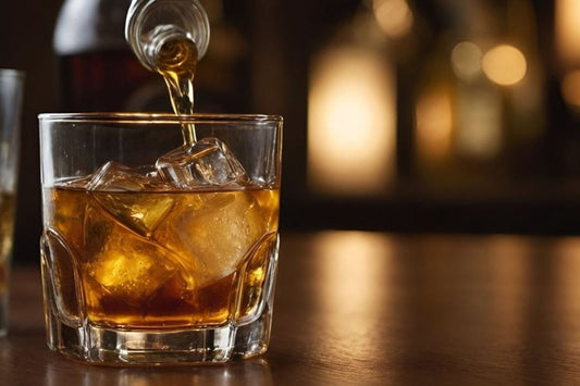 Whiskey being poured over ice at a dark bar, illustrating alcohol and erectile difficulty