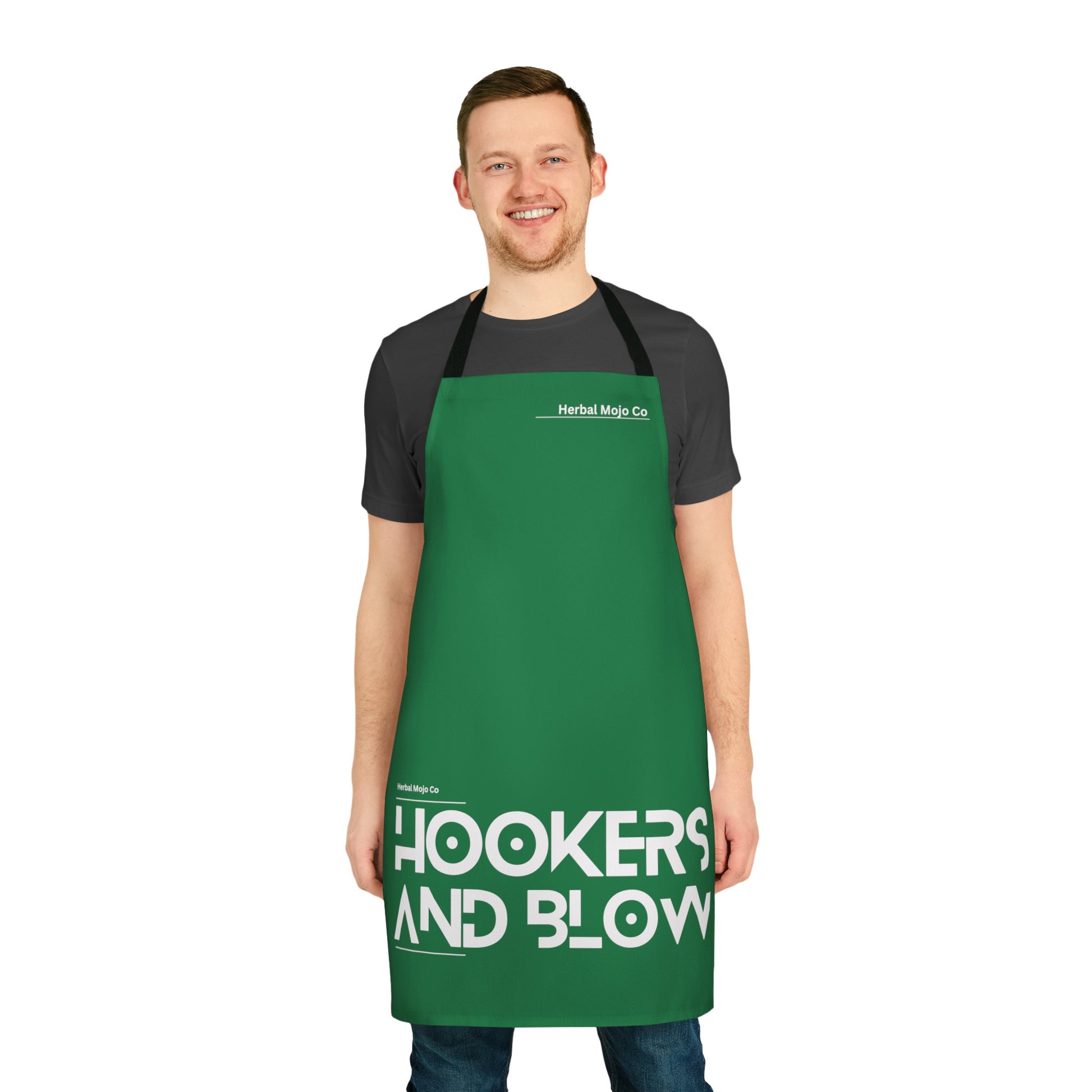 The Stamina for Men Hookers and Blow BBQ apron frontal shot as worn by a man