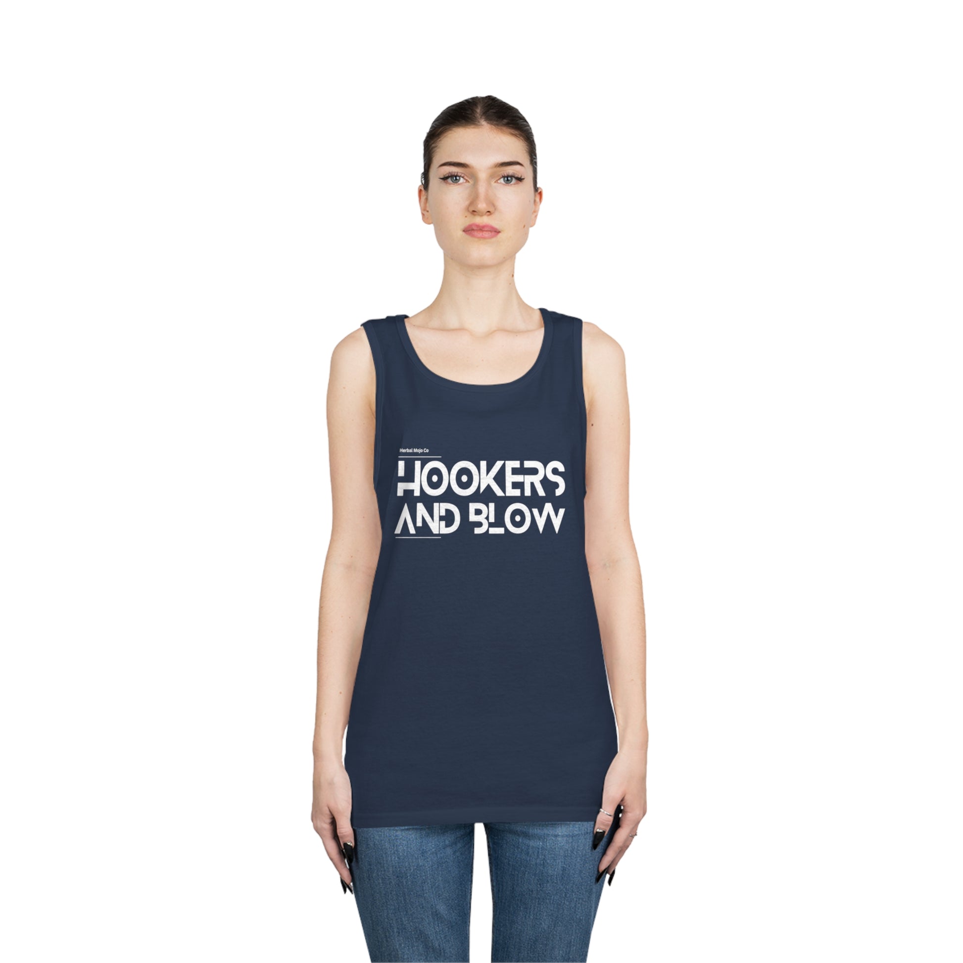 Navy Blue Stamina for Men Hookers & Blow unisex cotton tank top product shot shown in context worn my female with white background