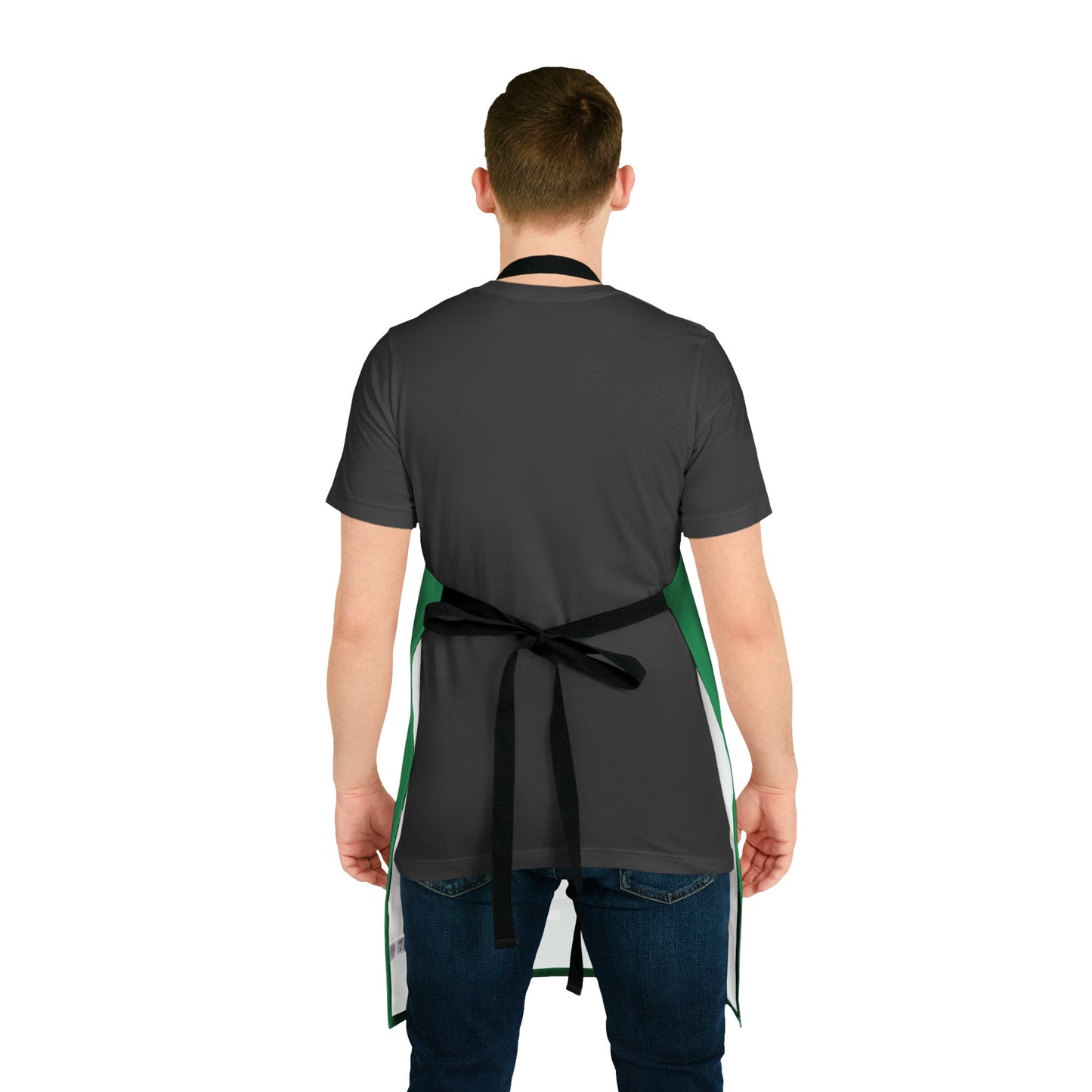 The Stamina for Men Hookers and Blow BBQ apron rear shot as worn by a man showing the tied black strap