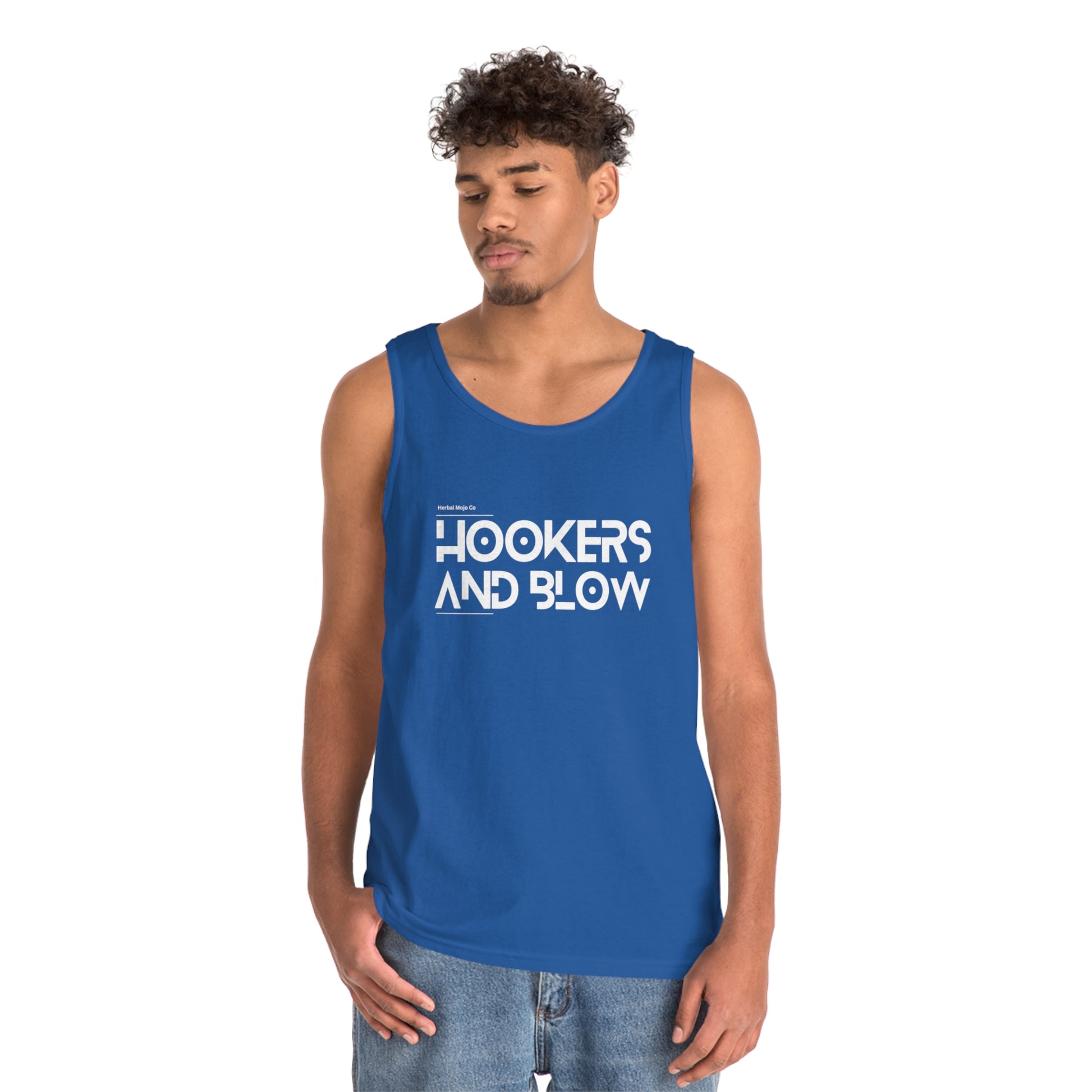 Royal Blue Stamina for Men Hookers & Blow unisex cotton tank top product shot shown in context worn my male with white background