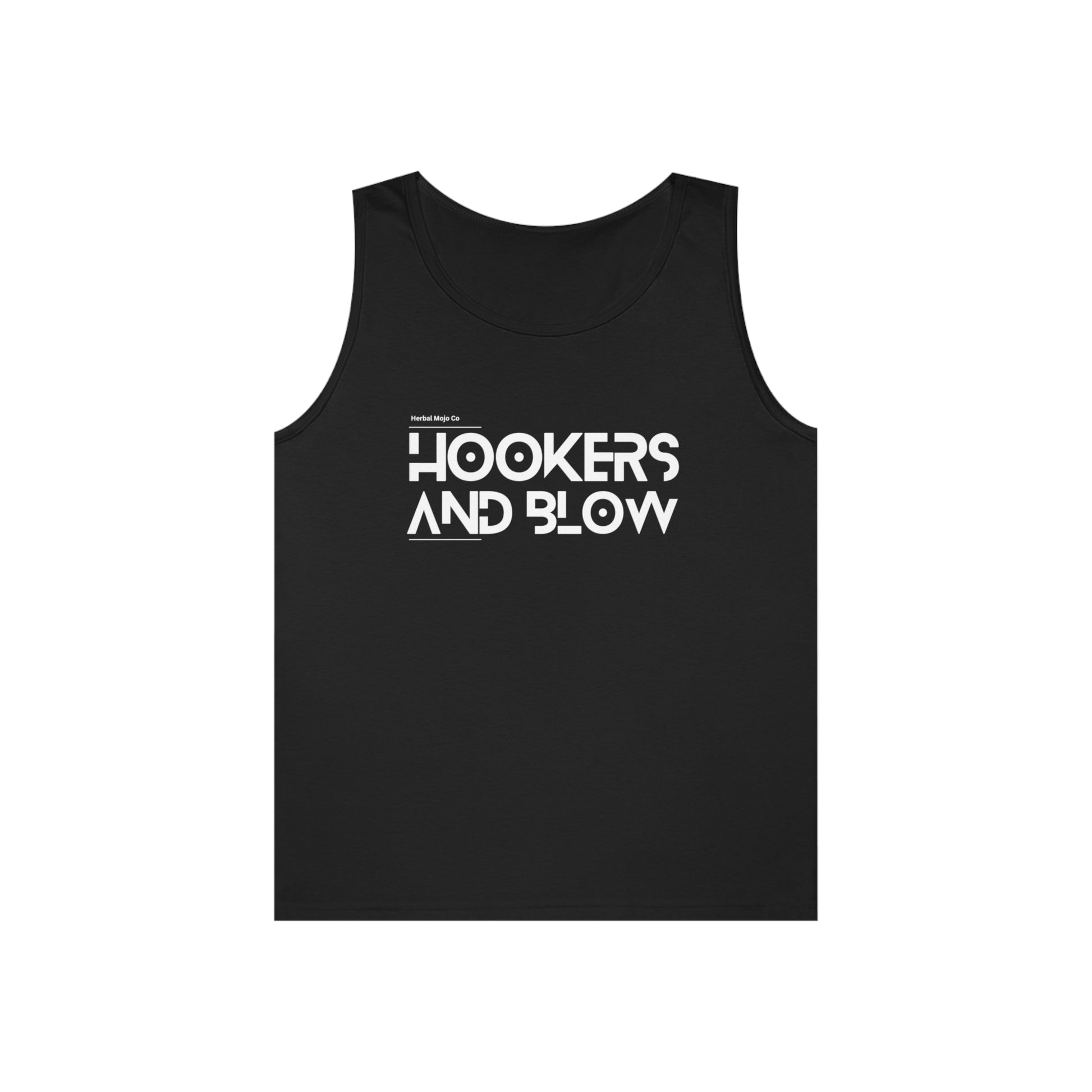 The Stamina for Men Hookers & Blow unisex Black cotton tank top product shot with white background