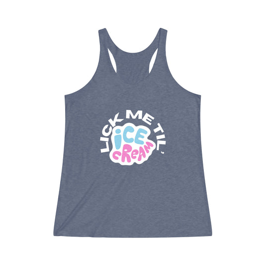 The Stamina for Men Lick me till Ice cream woman's fitted indigo blue tank top product shot with white background
