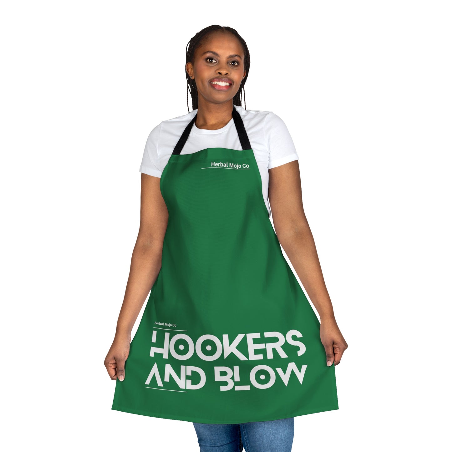 The Stamina for Men Hookers and Blow BBQ apron frontal shot as worn by a woman