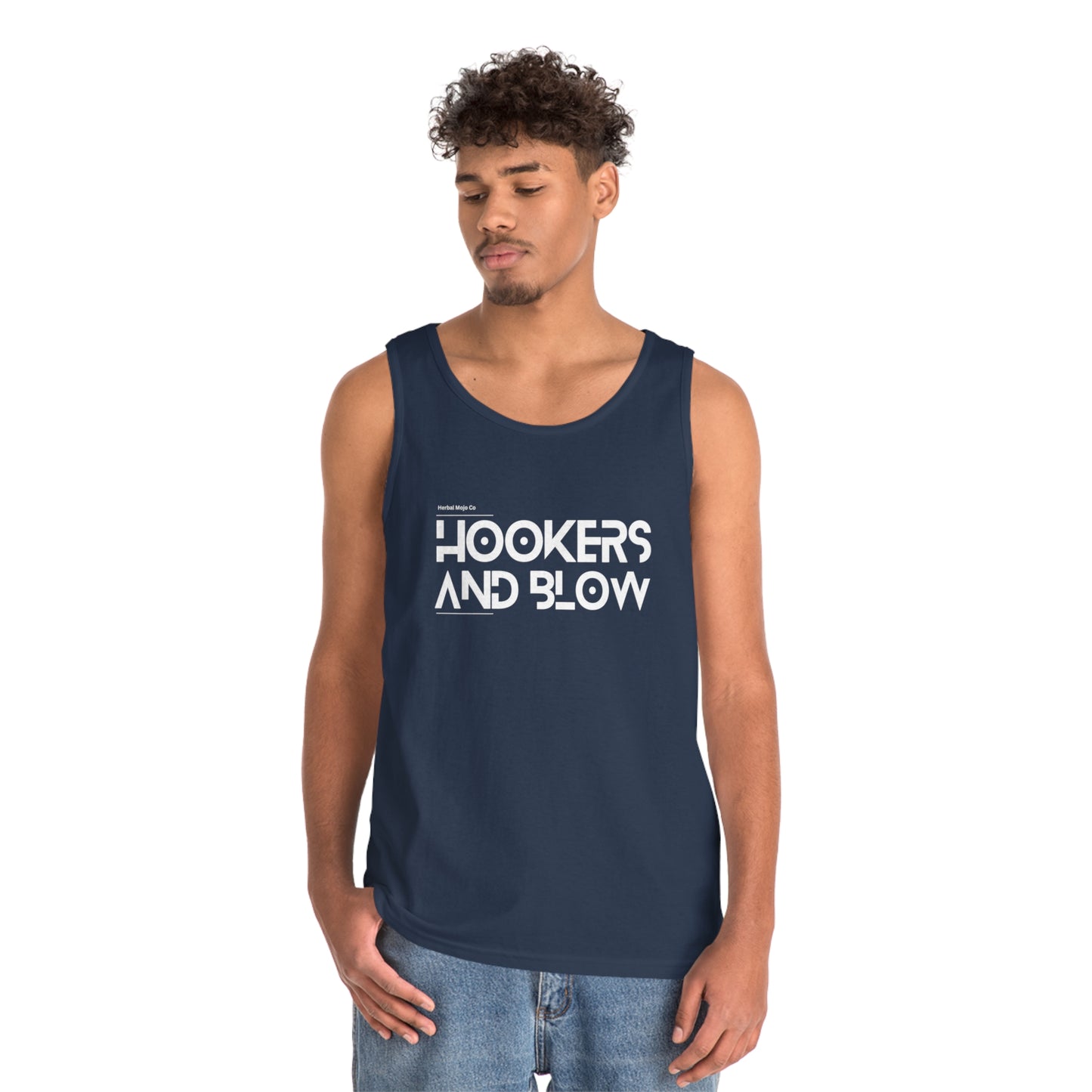 Navy Blue Stamina for Men Hookers & Blow unisex cotton tank top product shot shown in context worn my male with white background