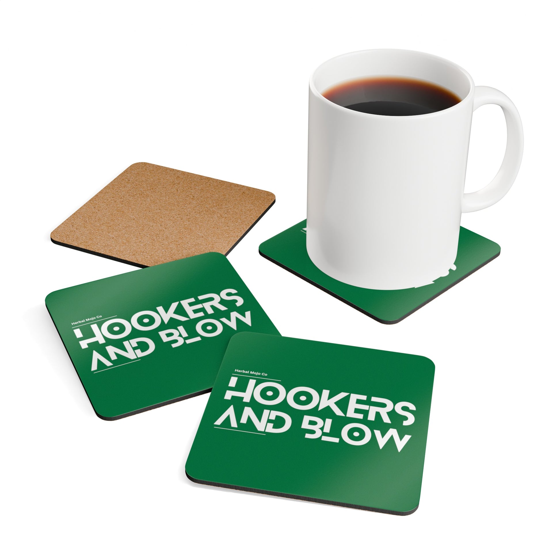 Stamina for Men Hookers & Blow Coaster set product shot in context with white coffee mug