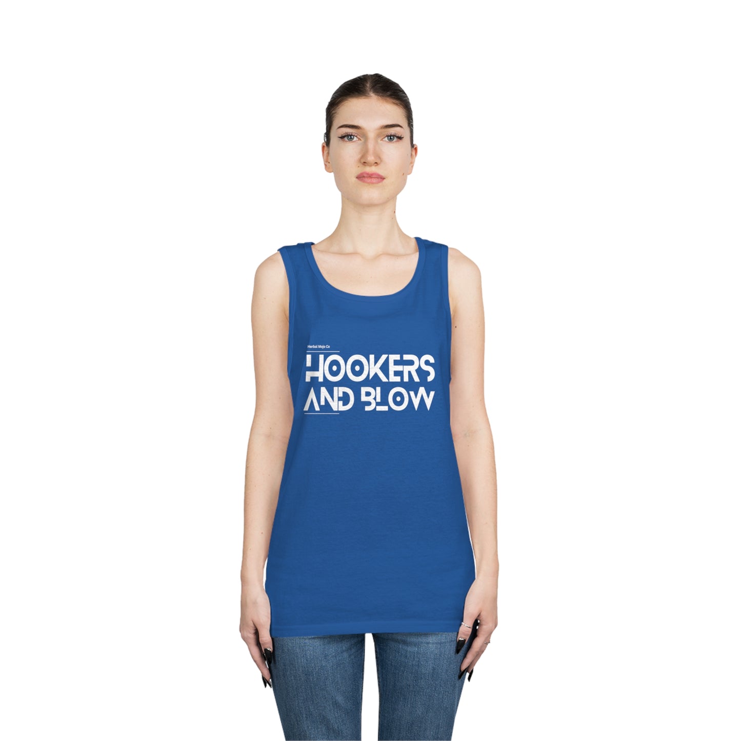 Royal Blue Stamina for Men Hookers & Blow unisex cotton tank top product shot shown in context worn my female with white background