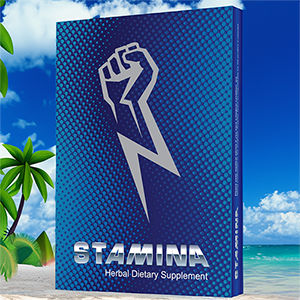 Stamina for Men - Single Packet of 10 Capsules set on a tropical beach home page image