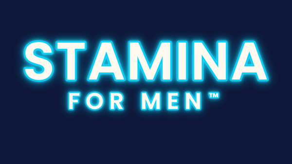 Neon-style text reading 'STAMINA FOR MEN' in bright cyan-blue lettering on a dark navy background, with small text below indicating transparent artwork shown on Metees.