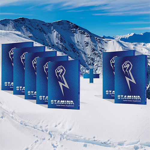Stamina for Men - Buy 5 packets get 2 free. Set against snow covered mountains