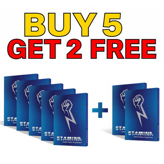 Blue packages labeled 'Stamina' with promotional text 'Buy 5 Get 2 Free' on a white background.