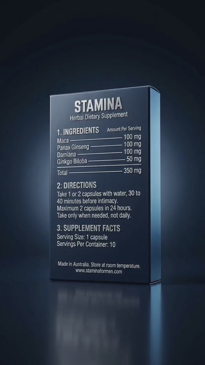 Stamina for Men herbal supplement box rotating to show the ingredient label listing Maca, Panax Ginseng, Damiana, and Ginkgo Biloba.