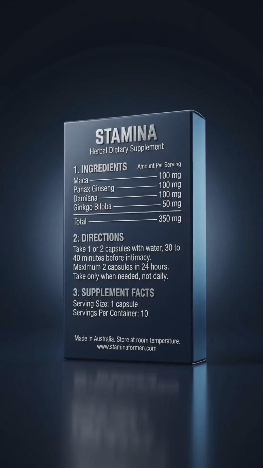 Stamina for Men herbal supplement box rotating to show the ingredient label listing Maca, Panax Ginseng, Damiana, and Ginkgo Biloba.
