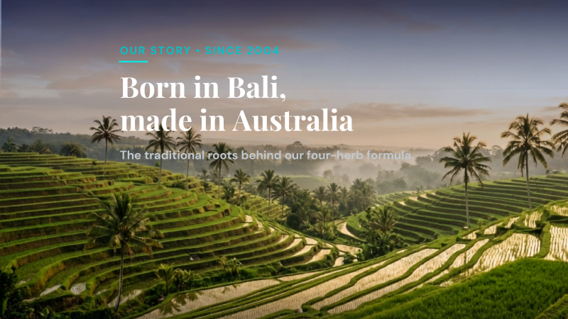 Bali rice terraces at sunrise representing the traditional herbal origins of Stamina for Men's four-herb formula, made in Australia