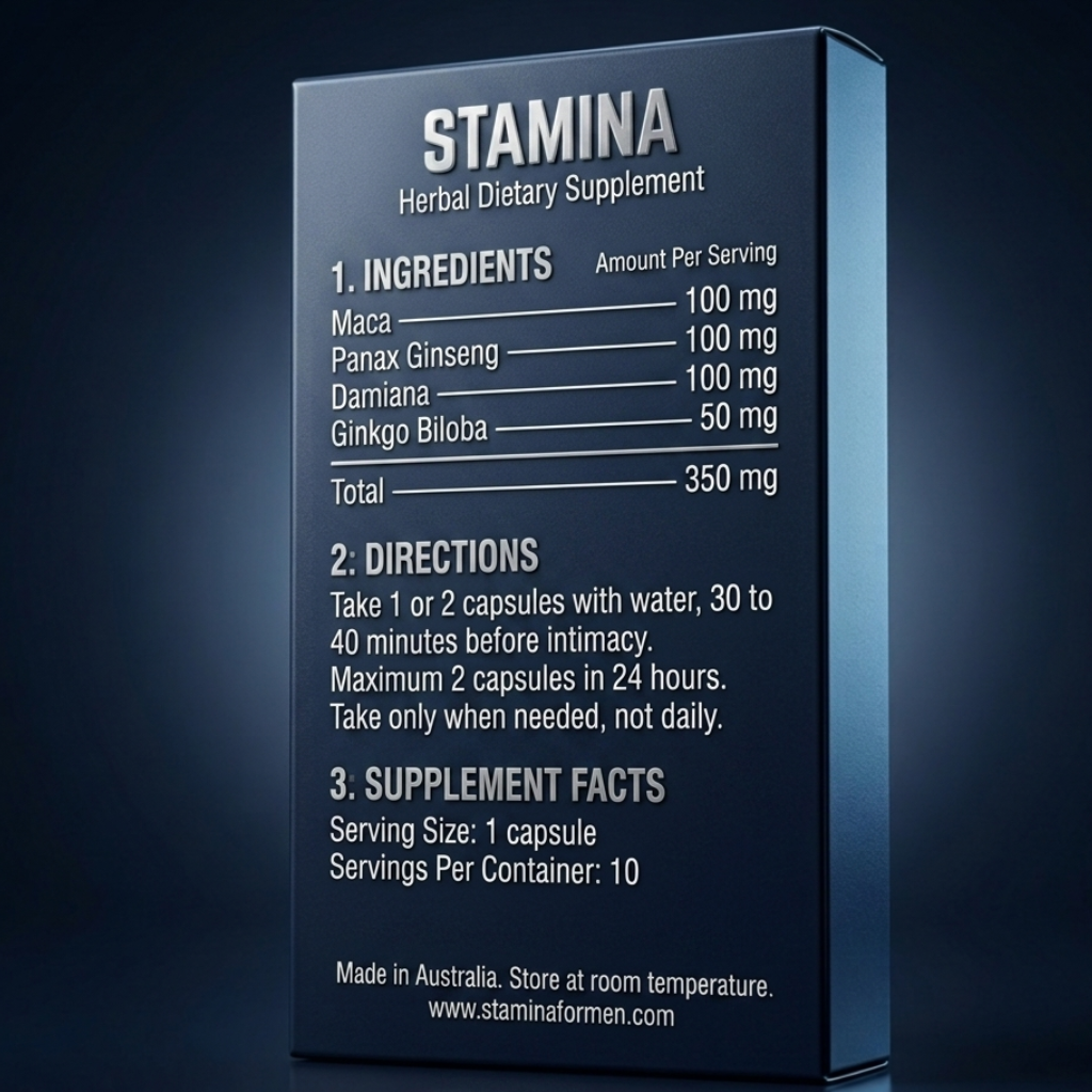 Stamina for Men supplement back panel showing the four-herb formula: Maca, Panax Ginseng, Damiana and Ginkgo Biloba, with dosage directions