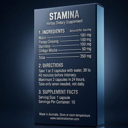 Stamina for Men supplement back panel showing the four-herb formula: Maca, Panax Ginseng, Damiana and Ginkgo Biloba, with dosage directions