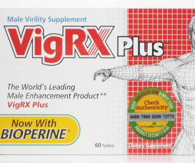 VigRX Plus male virility supplement packaging with red and white design.